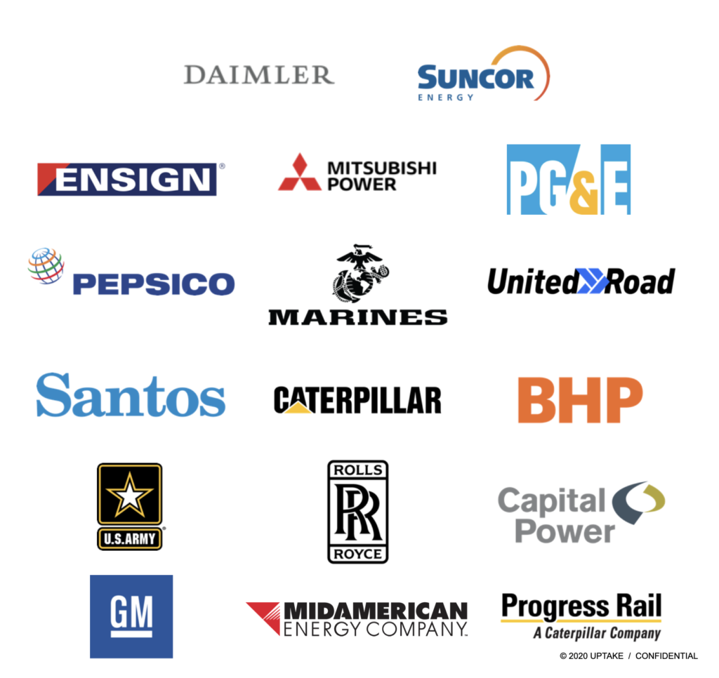 DAIMLER,SUNCOR ENERGY,ENSIGN,MITSUBISHIPOWER,PG&E,PEPSICO,MARINES,UnitedRoad,Santos,CATERPILLAR,BHP,U.S.ARMY,ROLLSROYCE,CapitalPower,GM,MIDAMERICAN ENERGY COMPANY,Progress Rail